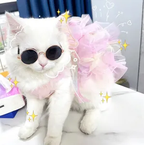 Nahaufnahme einer weißen Katze in einem rosa Haustier-Prinzessinnen-Tutu mit Brille