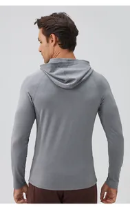 Detailed back view of a slim fit men's hooded athletic long sleeve shirt in gray