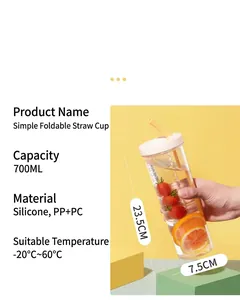Detail view of 700ml clear plastic straw cup with fruit infuser and dimensions