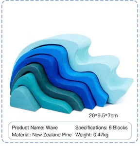 Handcrafted blue wooden wave stacking blocks, educational toy for kids, 6 piece set.