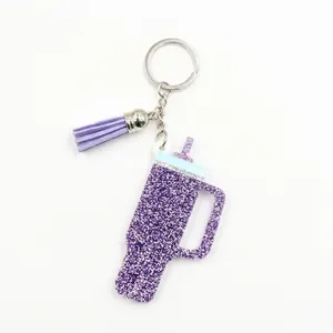 Purple glitter acrylic tumbler keychain with tassel charm accessory for cup lovers