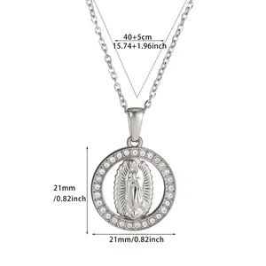 Detailed view of religious Virgin Mary pendant necklace with dimensions in inches.
