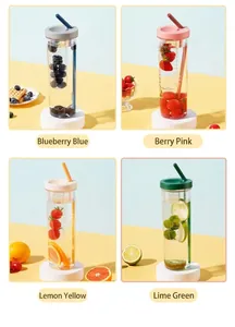 Set of portable water bottles with fruit infusers and straws in four pastel colors