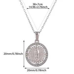 Silver stainless steel Virgin Mary pendant necklace with detailed size dimensions shown