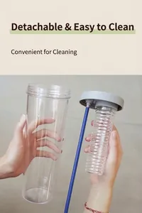 Detailed view of a detachable plastic straw cup with internal tea infuser filter unit