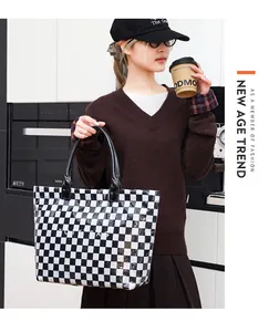 Stylish retro checkerboard PVC tote bag for women with large capacity and durable handles