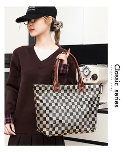 Stylish fashion vintage checkerboard tote bag in glossy PVC material with large capacity