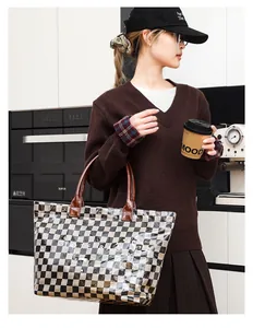 Stylish vintage checkerboard tote bag with transparent PVC layer and large capacity