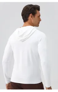 Back view of men's white moisture-wicking athletic hoodie with slim fit design.