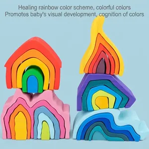 Montessori-style wooden rainbow stacking blocks with four elements forest tree designs for kids