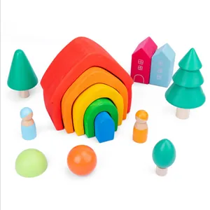 Handcrafted colorful wooden rainbow house and forest tree stacking blocks educational toy set