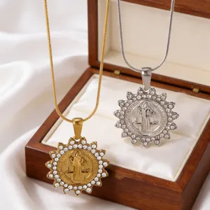 Religious Saint Benedict portrait pendant necklace with crystal sunburst border