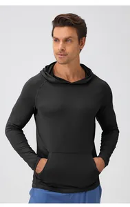 Men's slim-fit hooded athletic workout shirt in black featuring a kangaroo pocket