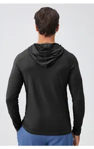 Back view of men's black long-sleeve hooded athletic sweatshirt for gym and running