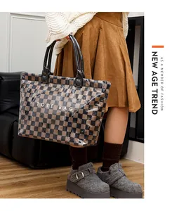 Stylish vintage checkerboard tote bag with transparent PVC overlay and large capacity