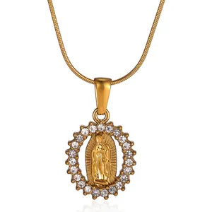 Unique 18k gold plated stainless steel necklace with crystal religious figure pendant