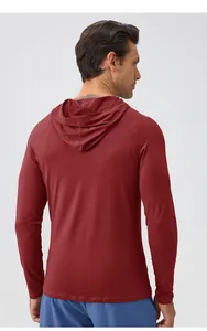 Premium men's slim fit hooded sports long sleeve shirt in burgundy red back view