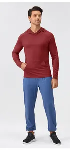 Full view of men's slim fit hooded sweatshirt in burgundy for fitness and running.