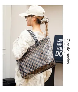 Stylish vintage checkered tote bag with clear PVC finish for daily commute lady