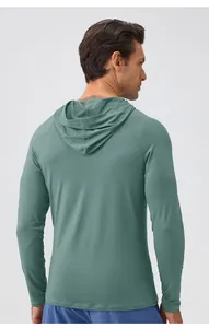 Detailed back view of men's slim fit sage green hooded quick-dry long sleeve sports top