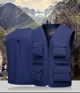 Navy blue outdoor multi-pocket tactical fishing vest shown in front and back view