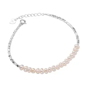 Elegant S925 sterling silver natural pearl bracelet with crushed silver beads design