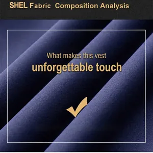 Detailed view of navy blue functional fabric texture for men's outdoor utility vest