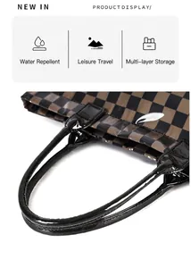 Detail shot of a water-repellent retro checkerboard tote bag with PVC handles.