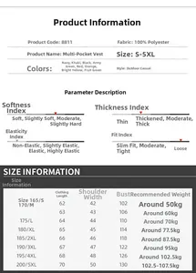 Detailed size chart and fabric parameters for multi-pocket outdoor utility vest