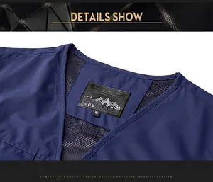 Close-up of the neckline and breathable mesh lining of navy blue outdoor vest