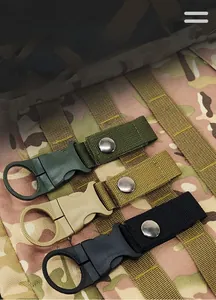 Close-up of outdoor water bottle hooks in three colors with high-density nylon straps.