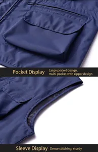 Close-up detail of blue outdoor functional vest with large pockets and mesh lining