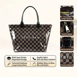 Retro Checkerboard Tote Bag For Women Large Capacity PVC Waterproof Shopping Bag Vintage Plaid Leopard Print Shoulder Bag