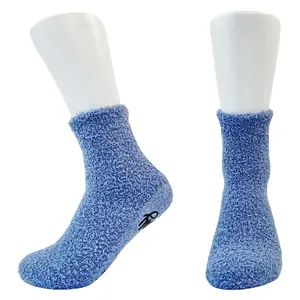 Cozy blue coral fleece thickened floor socks with non-slip silicone grip on soles.