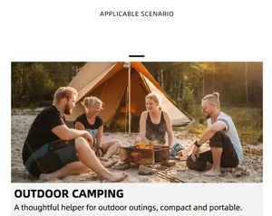 Outdoor camping scenario with friends sitting by a campfire near a tent at sunset.