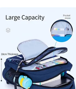 Large capacity blue student backpack with multiple layers and 18cm thickness detail