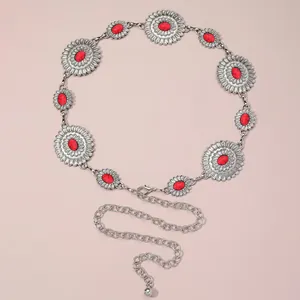 Vintage bohemian metal waist chain belt featuring red turquoise-style decorative stones