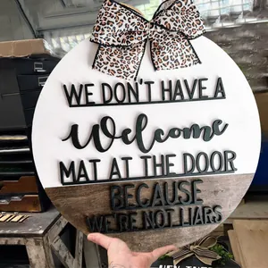 Funny round wooden door hanger sign with leopard print bow and humor quote for home decor
