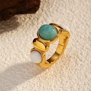 Detail of vintage gold-plated titanium steel ring with turquoise and white stones