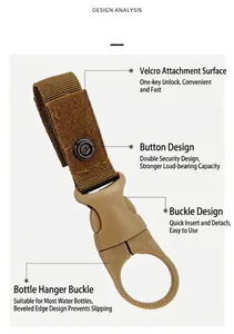 Detail view of tactical water bottle buckle showing velcro and quick release buckle