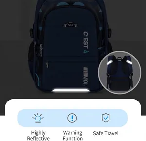 Dark navy school backpack with reflective safety strips for student night visibility