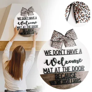 Round Wooden Welcome Door Sign With Leopard Print Bow Humorous 3D Lettering Splicing Wood Plaque For Front Door Home Decor