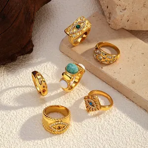Vintage Stainless Steel Evil Eye Ring For Women Gold Plated Natural Stone Rhinestone Inlaid Bohemian Geometric Open Finger Ring Jewelry