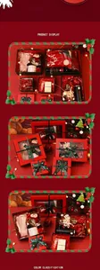 Set of festive red Christmas gift boxes with green ribbons and transparent windows