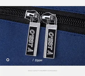 Macro detail showing high-quality durable double metal zippers on navy blue schoolbag