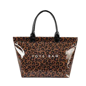 Stylish large capacity leopard print PVC tote bag with glossy finish and handles
