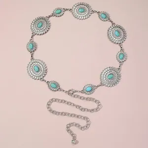 Boho vintage silver metal waist chain belt with turquoise sunflower accents for dresses.