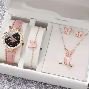 Elegant pink butterfly watch and jewelry gift set for women