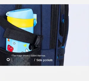 Detailed view of the high-elasticity mesh side pocket on a navy blue school backpack