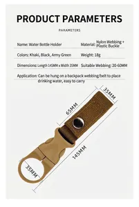 Detailed view of tactical water bottle buckle with precise dimension measurements.